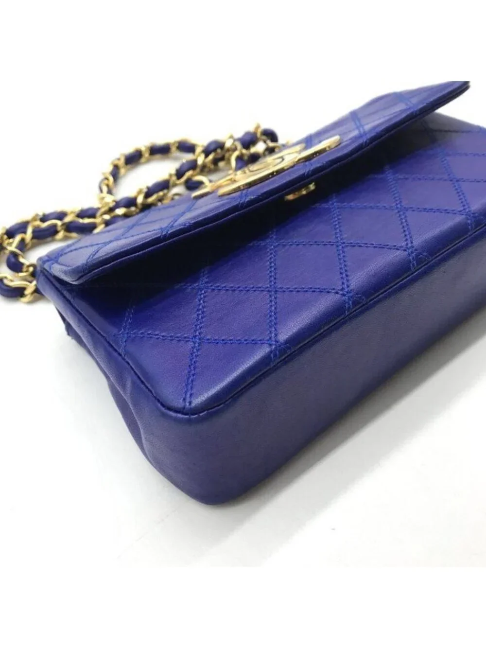 Chanel Bicolor Chain Shoulder Bag Big CC Logo Gold Quilted Blue
